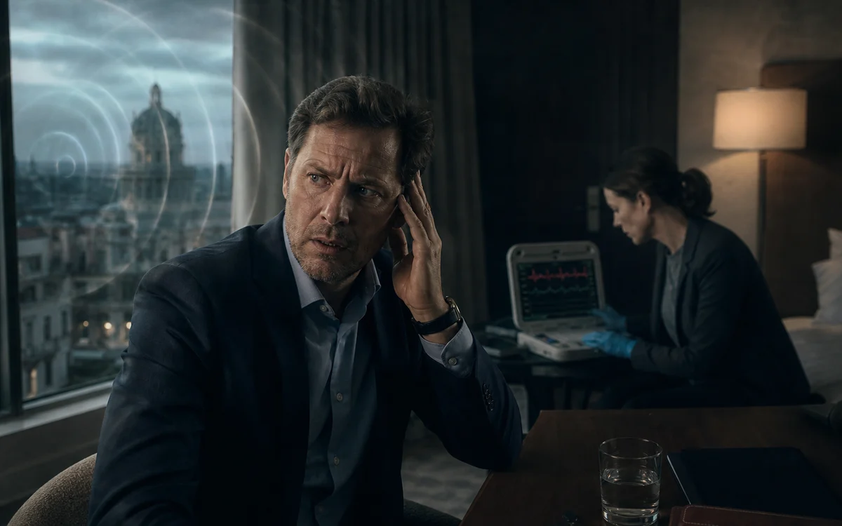 Diplomatic worker experiencing an anomalous health incident while a medical investigator monitors the room.