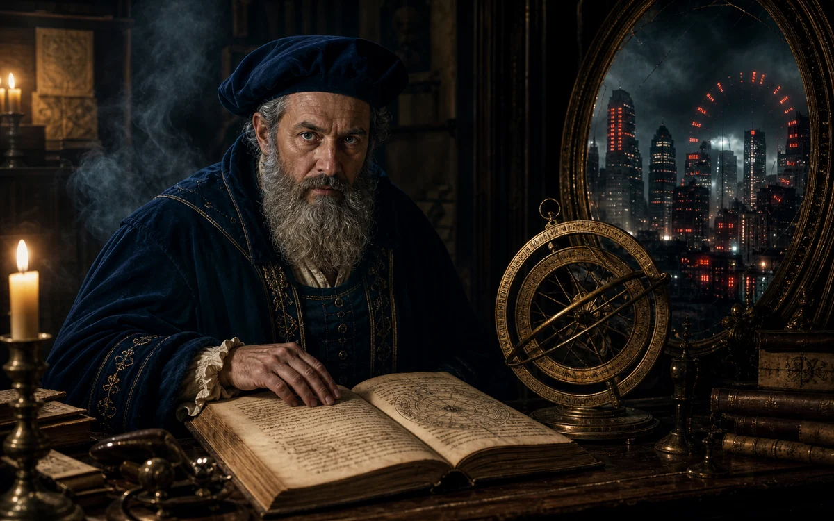 Renaissance astrologer beside a manuscript and astrolabe reflecting modern fears.