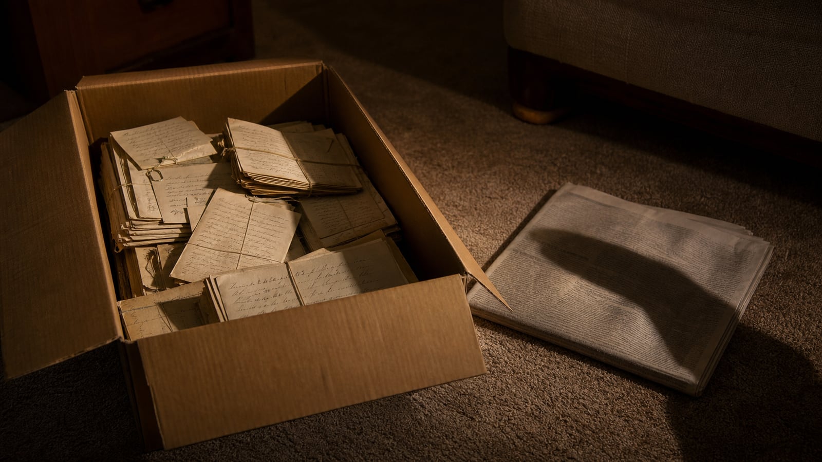 Open box of old family letters on a living room floor beside a folded newspaper supplement