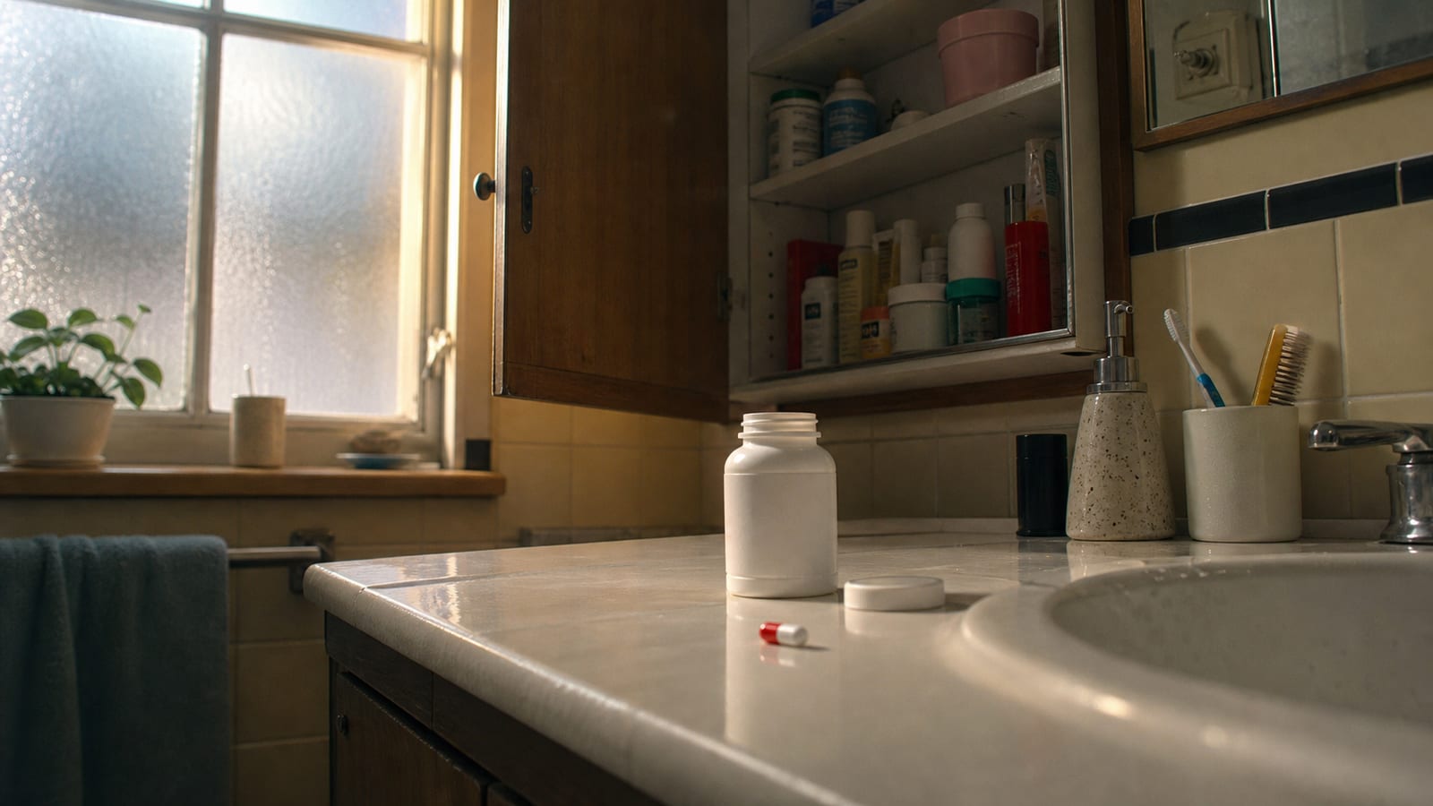 Generic 1980s pain-reliever bottle and capsules on a dim bathroom counter