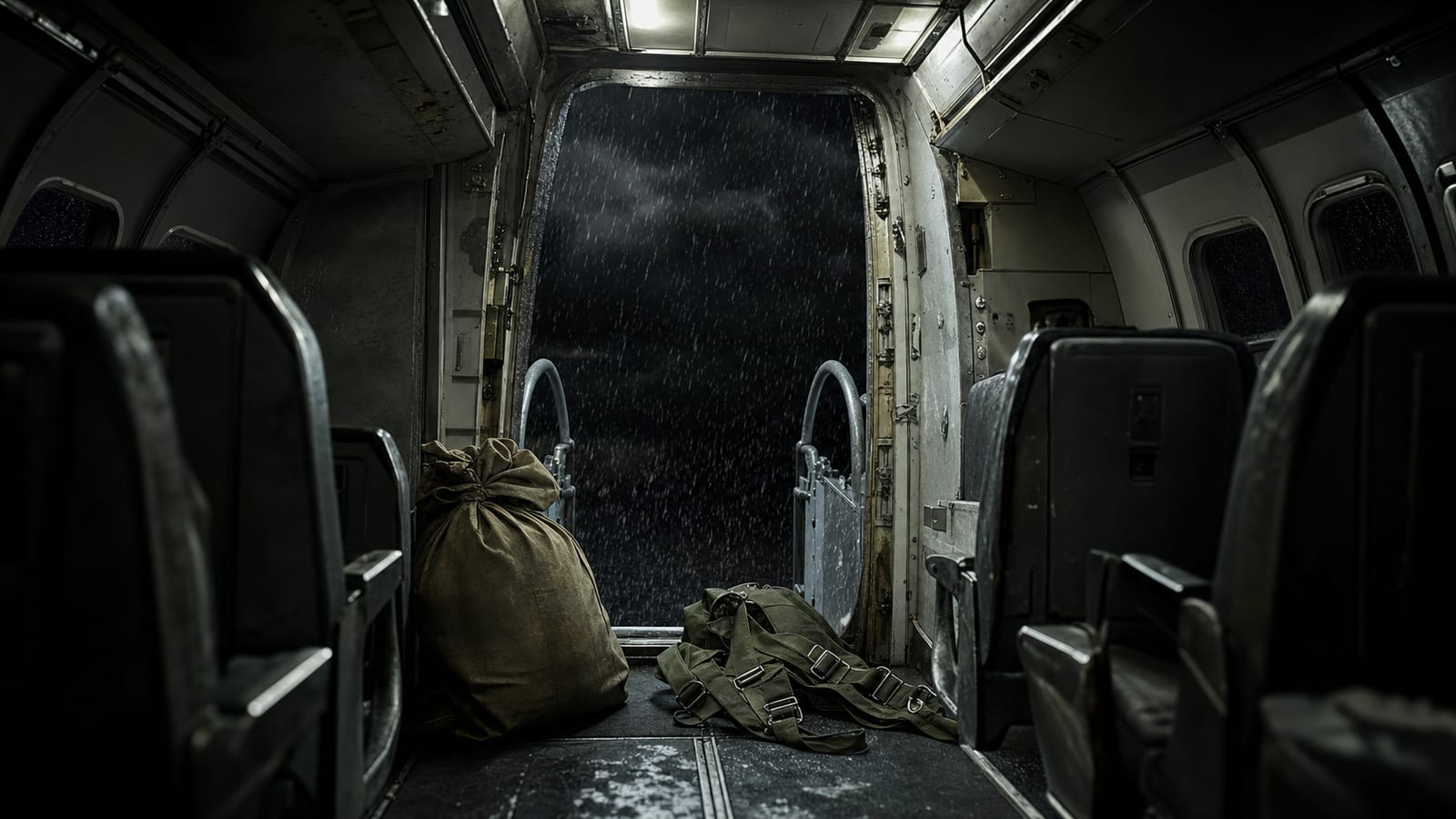 Open rear airstair of a vintage passenger jet facing black rain and a money bag