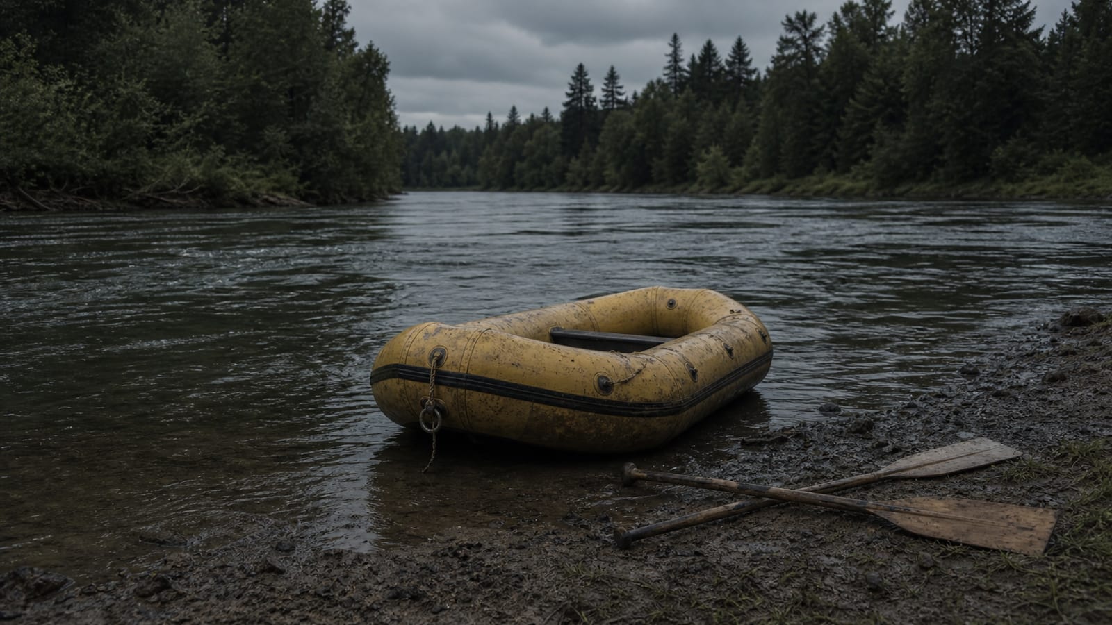 Empty yellow raft on a dark Pacific Northwest riverbank