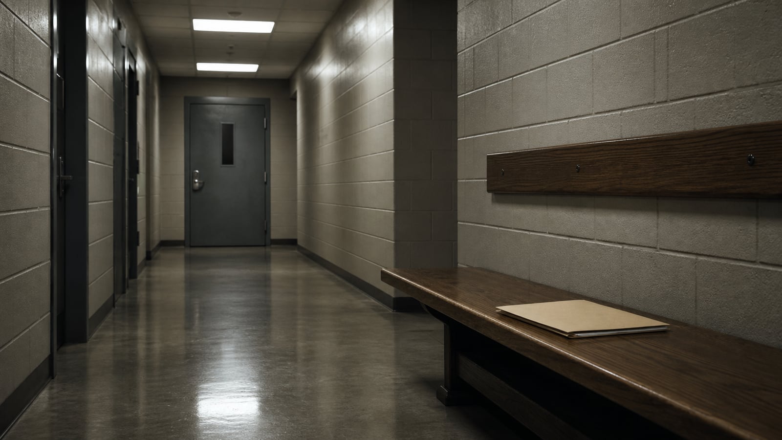Bleak institutional corridor with a closed steel door and a manila folder on a bench