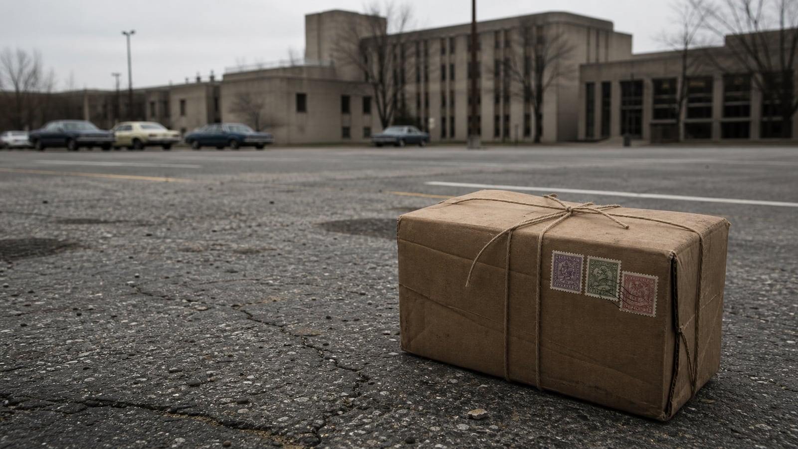 Plain wrapped parcel on cracked asphalt in a 1970s university parking lot
