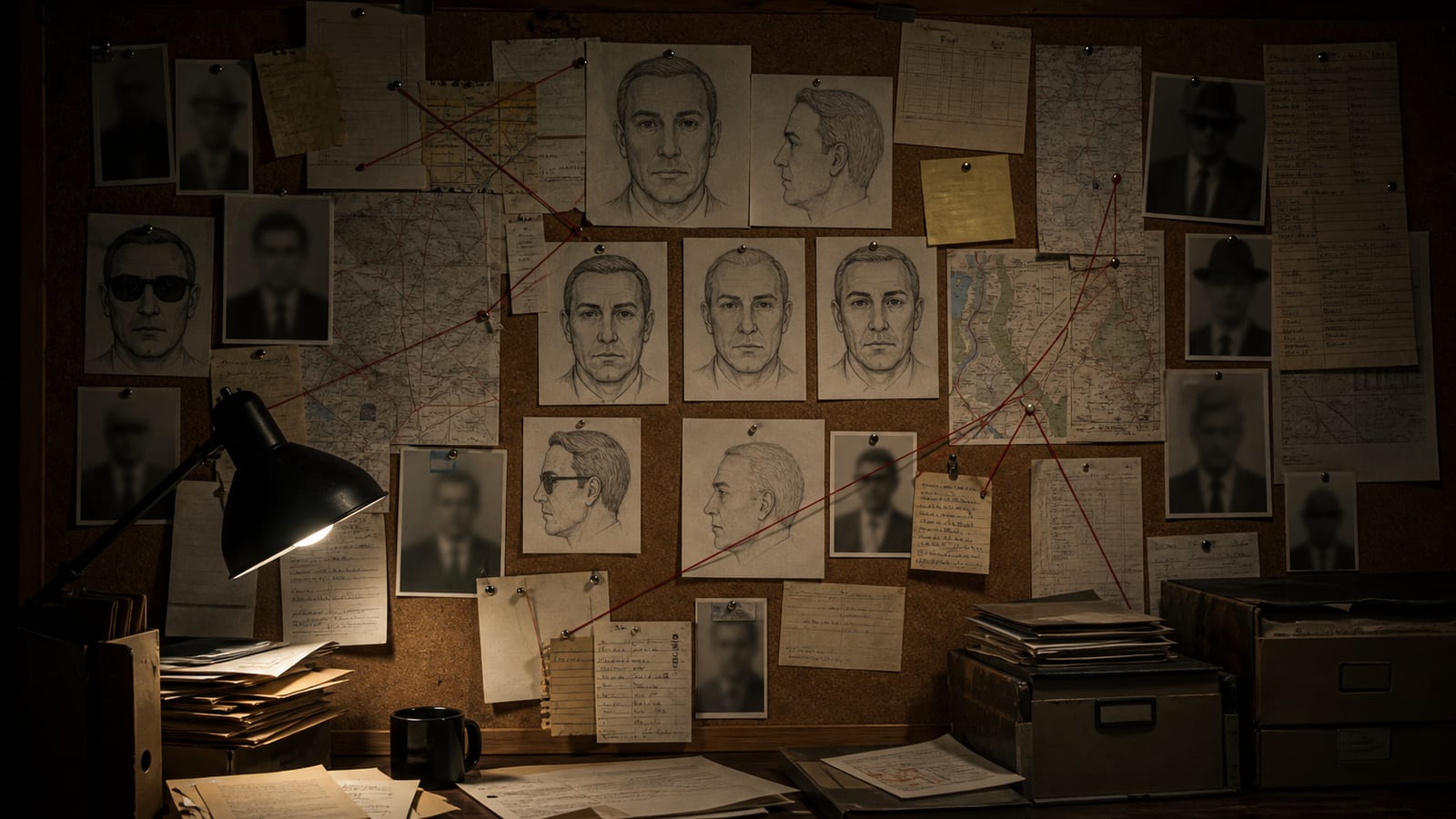 Anonymous composite sketches and old case notes pinned to an investigation board