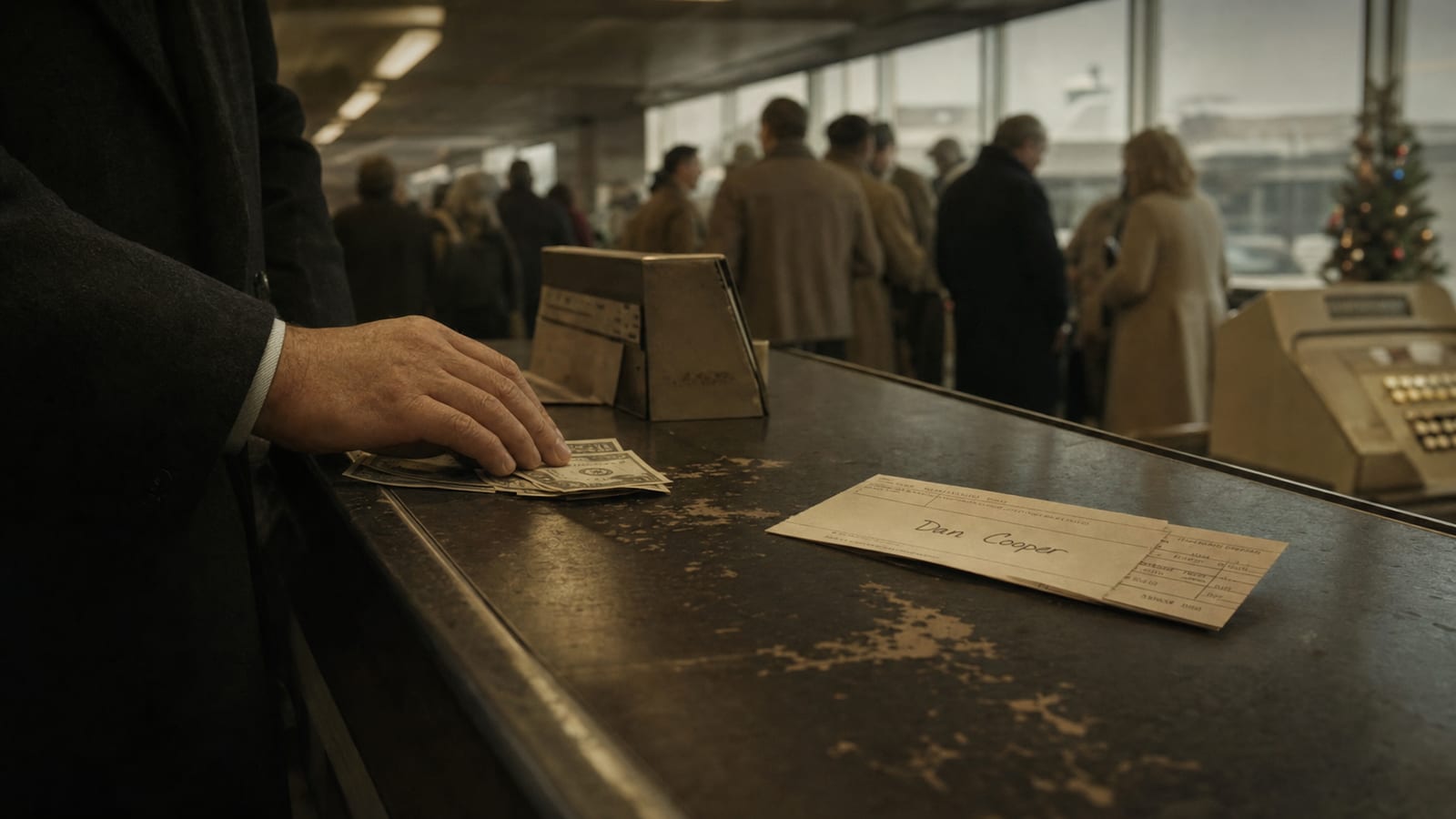 Cash and a handwritten Dan Cooper ticket on a 1971 airport counter