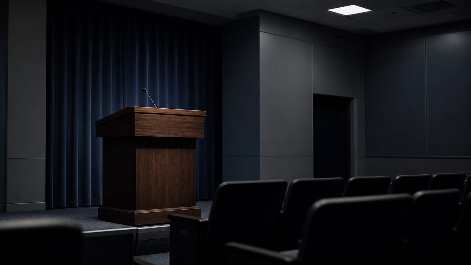 Empty federal press podium in a dark briefing room