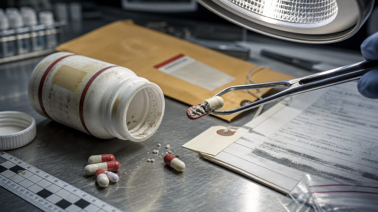 Forensic lab table with an opened medicine bottle and capsule evidence