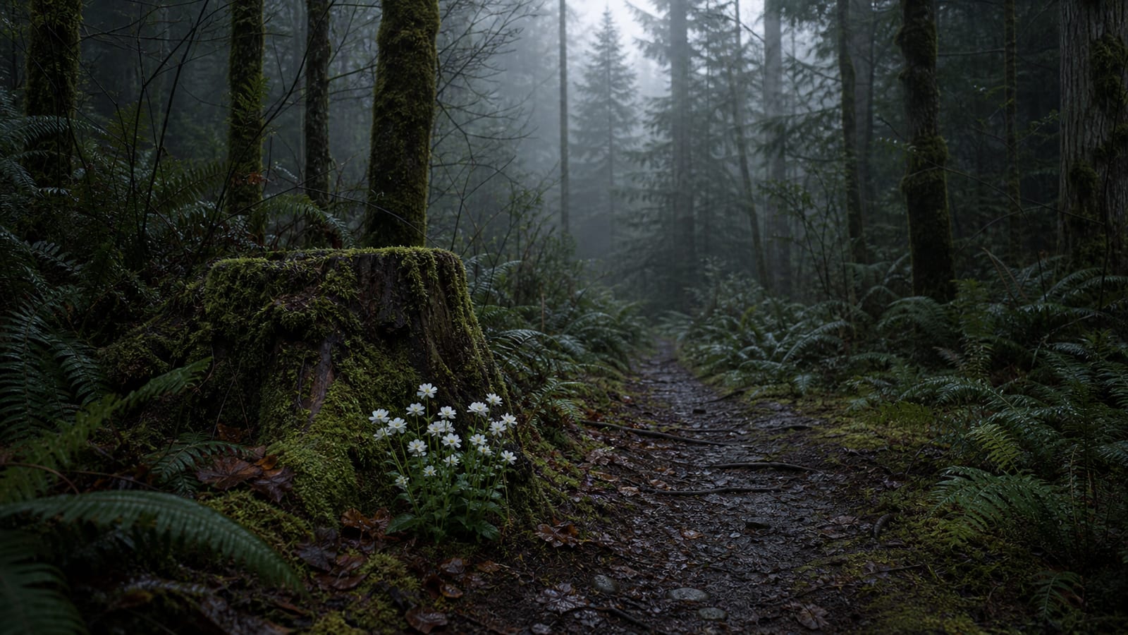 Quiet Pacific Northwest forest path with a small cluster of white flowers