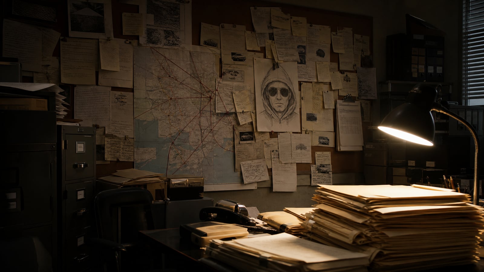 1980s task force room with maps, case files, and a hooded suspect sketch