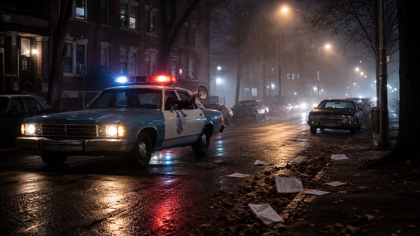 Police cruiser moving through a foggy 1980s Chicago street during a public warning