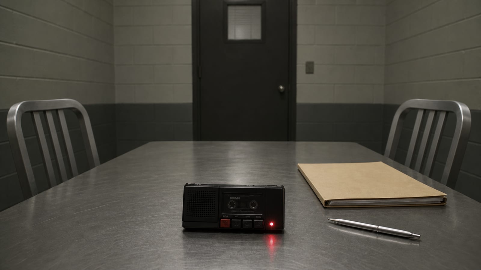 Empty institutional interview room with a cassette recorder and legal folder