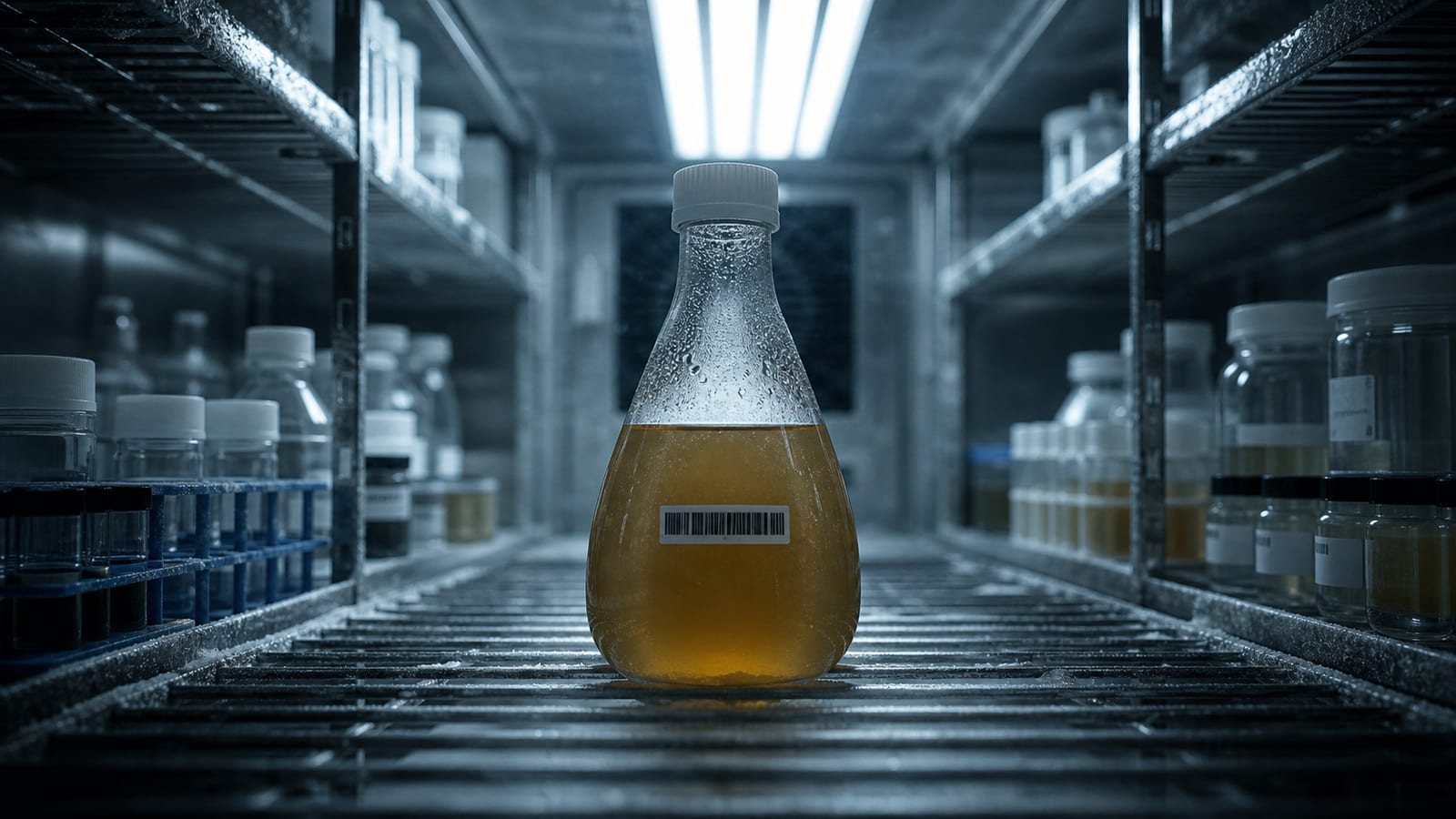 Walk-in cold room with shelves of vials and one central glass flask