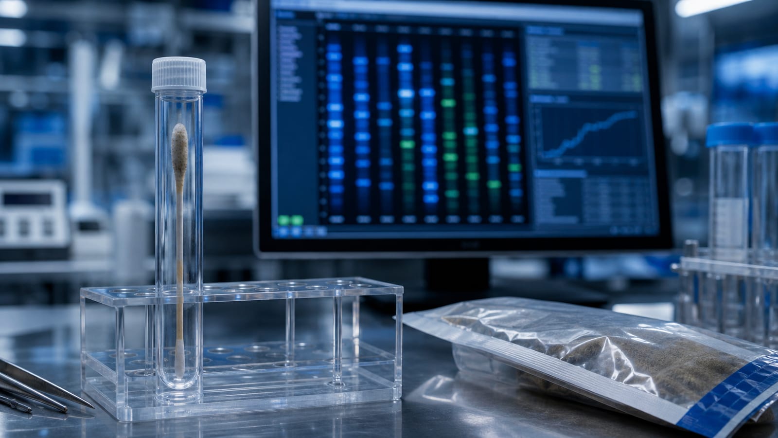 A sealed cotton swab in a modern forensic DNA laboratory