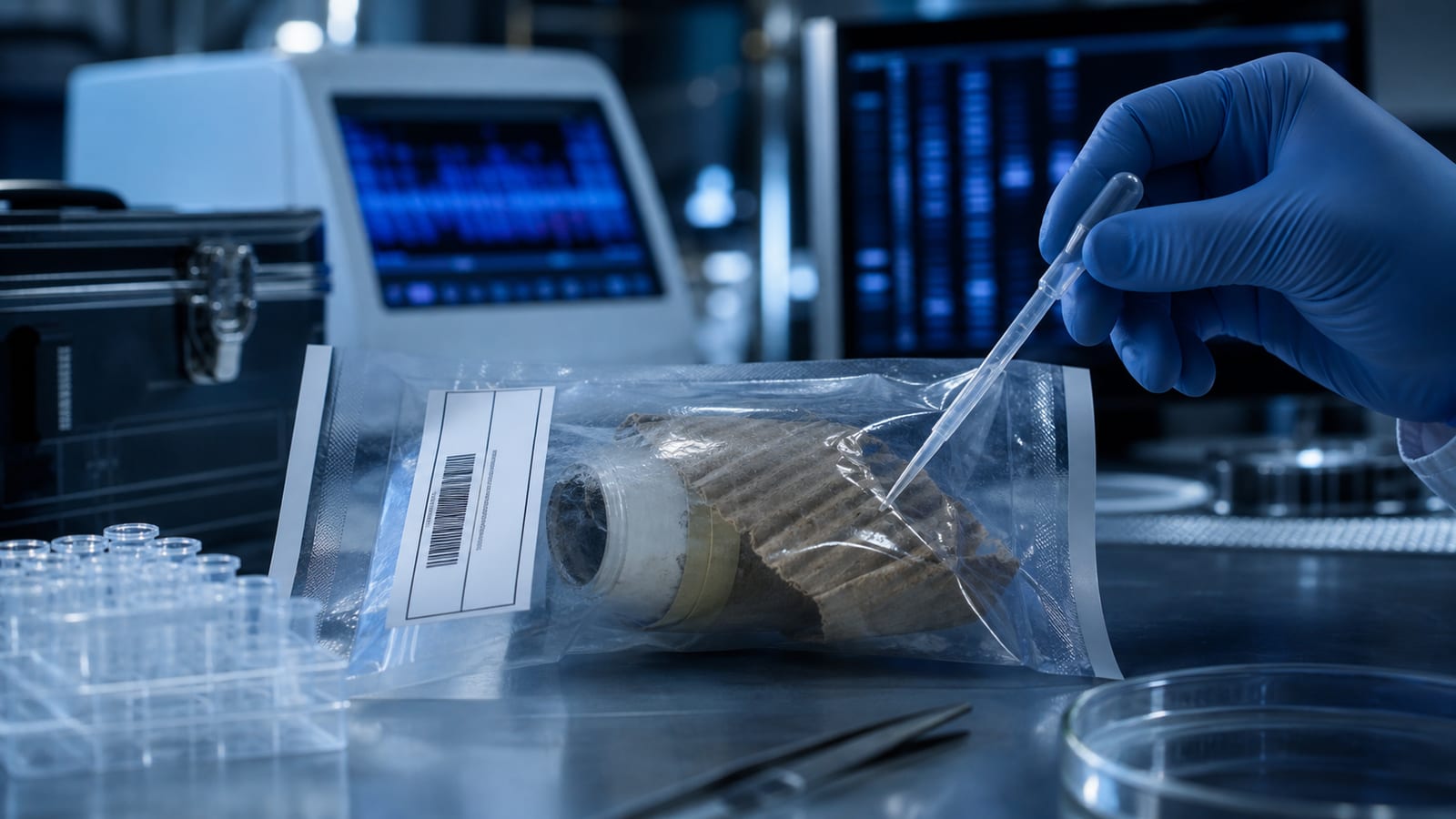Modern forensic DNA lab examining preserved evidence packaging
