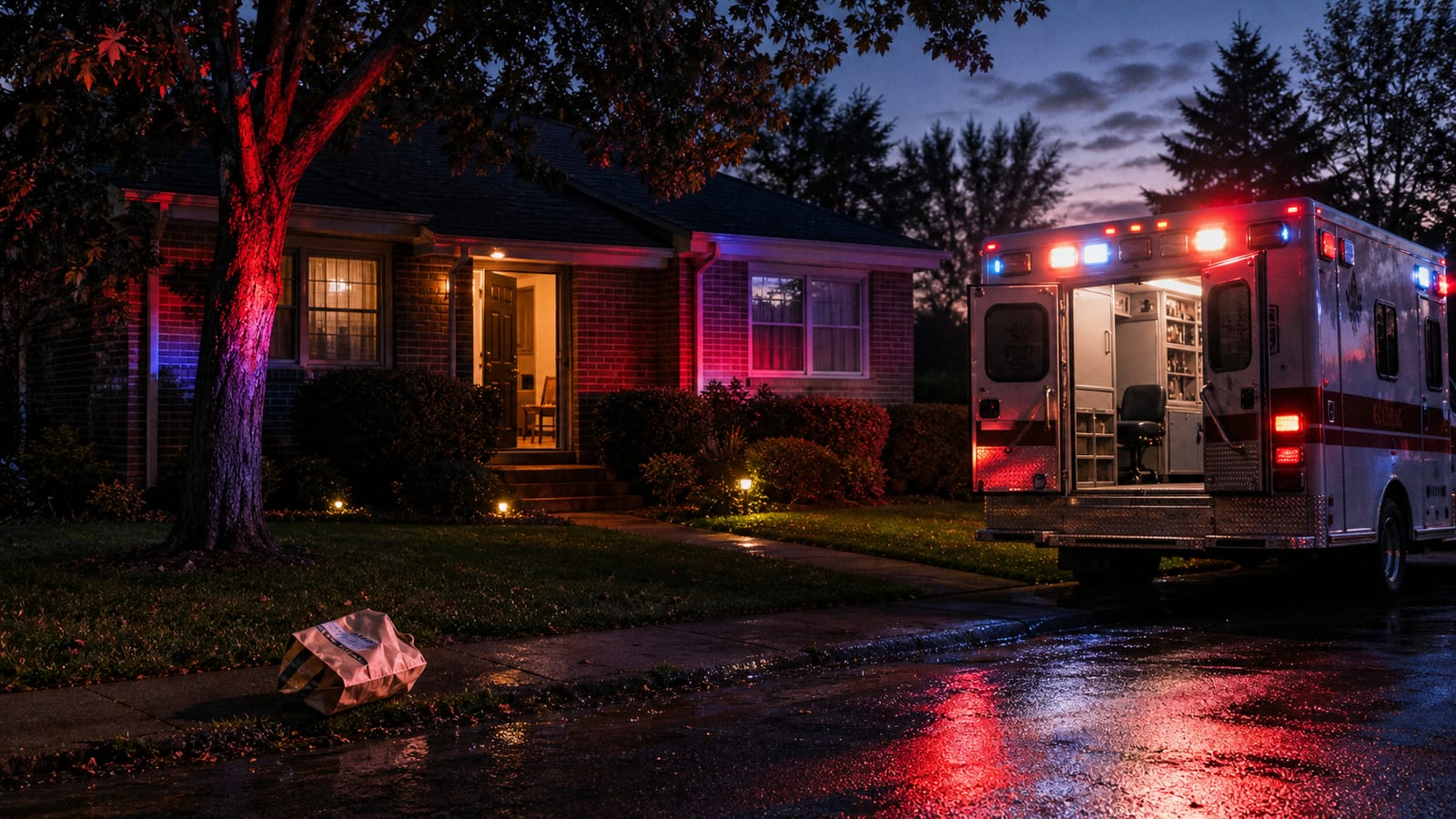1980s ambulance lights outside a suburban home after a medical emergency
