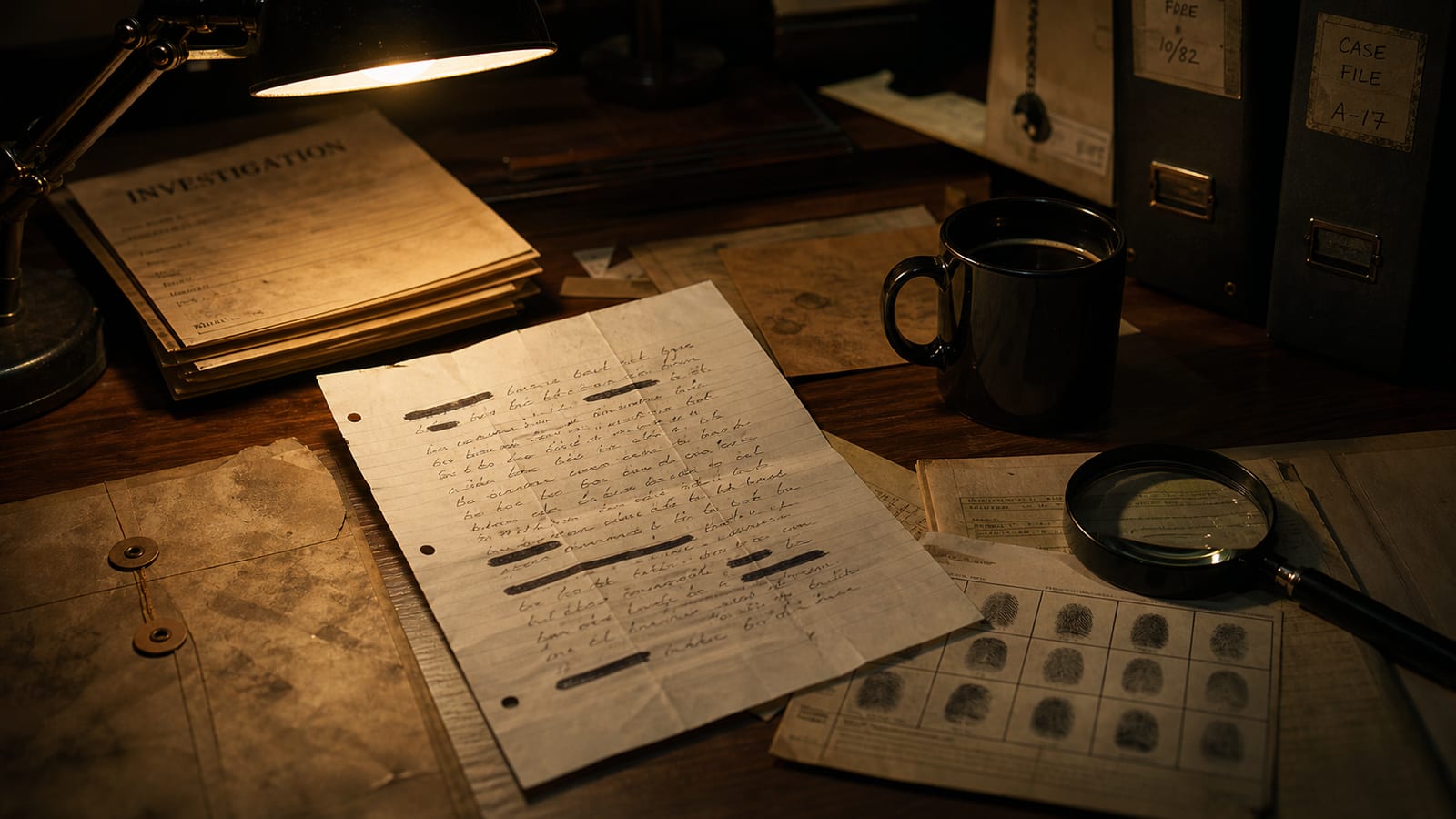 Investigative desk with an anonymous letter, envelope, magnifying glass, and case files