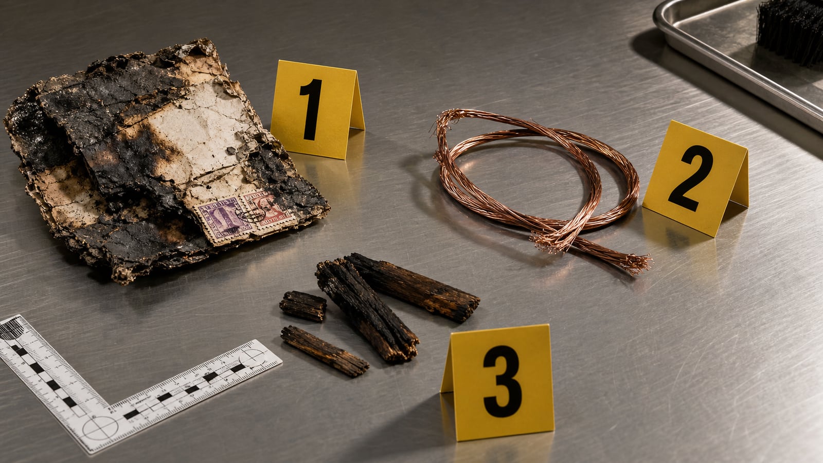 Scorched postal fragments and copper wire on a forensic evidence table