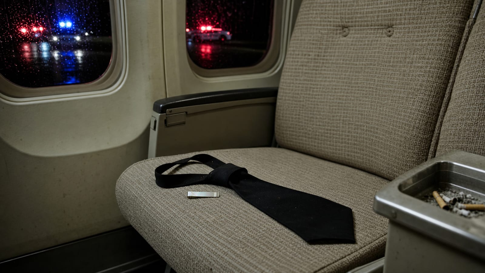 Black clip-on tie and tie clip left on an empty vintage airplane seat