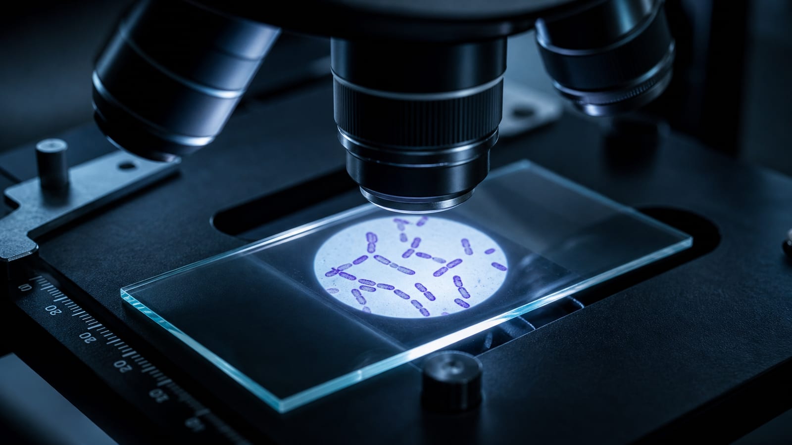 Microscope view of boxcar-shaped bacteria on a glass slide
