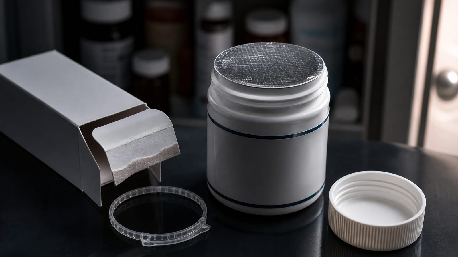 Modern medicine bottle with an intact silver foil safety seal