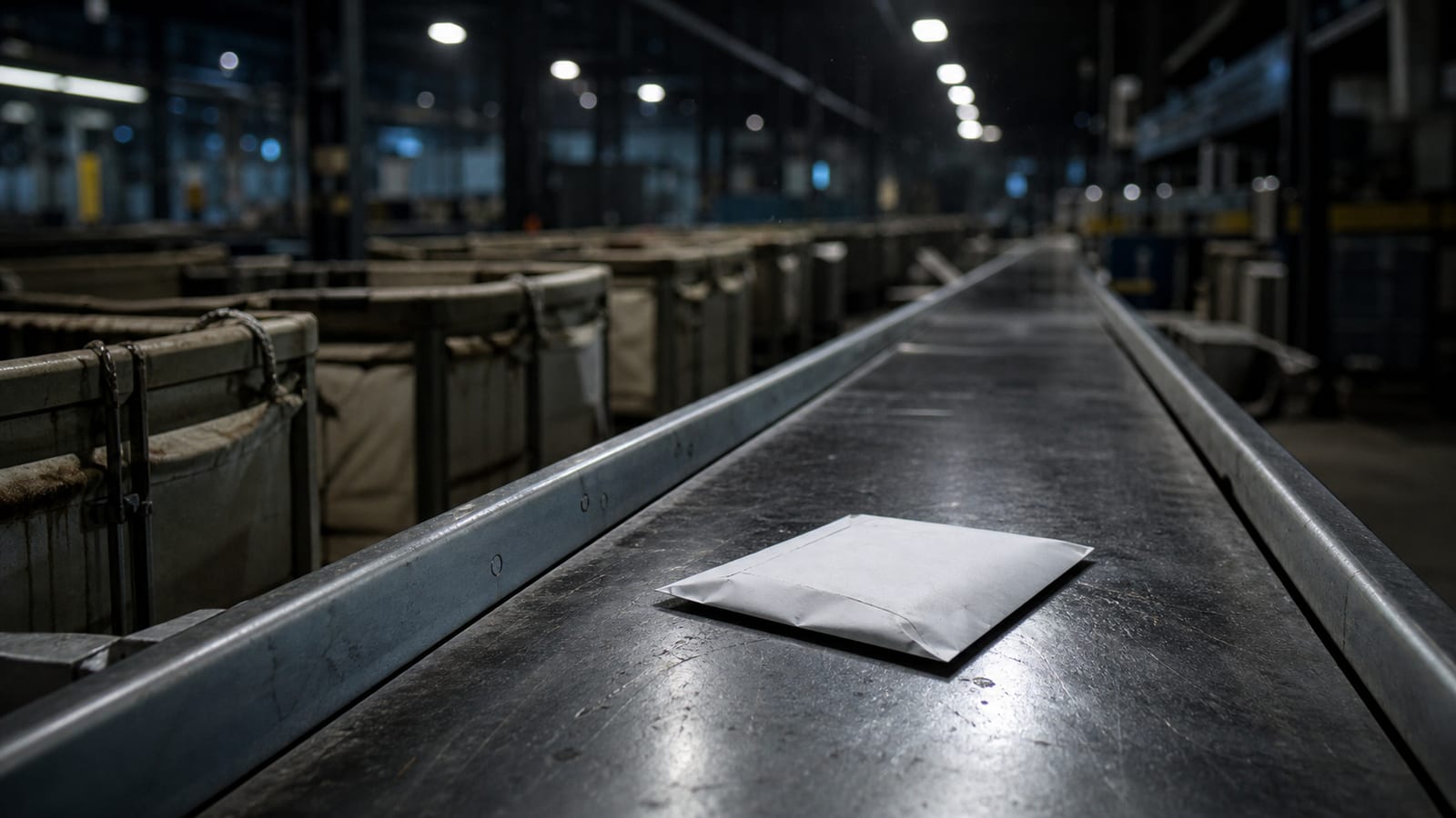 Dim industrial postal sorting facility with a single envelope on a conveyor belt