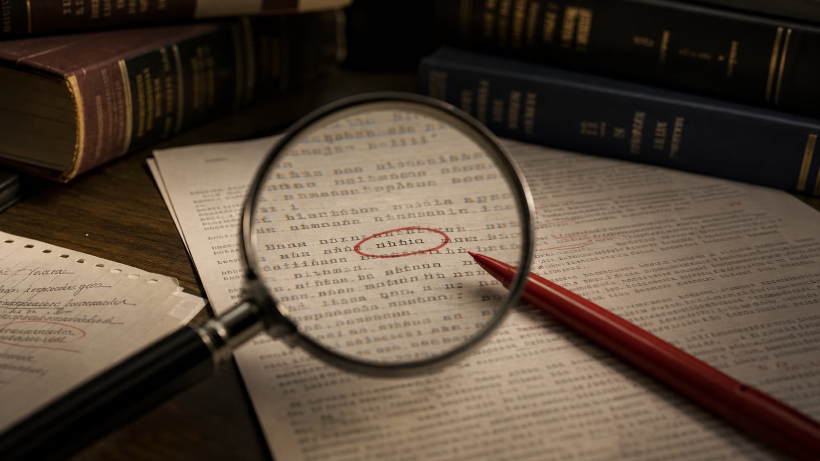 Magnifying glass over a typed page with an irregular word circled in red
