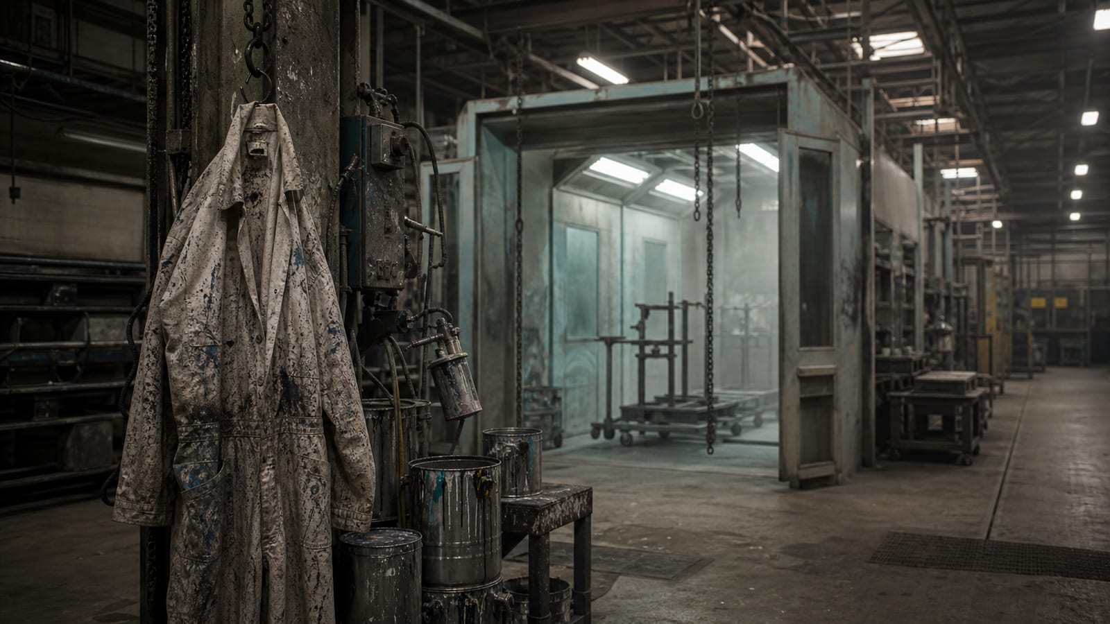 Empty paint-splattered coveralls hanging in an industrial truck paint facility