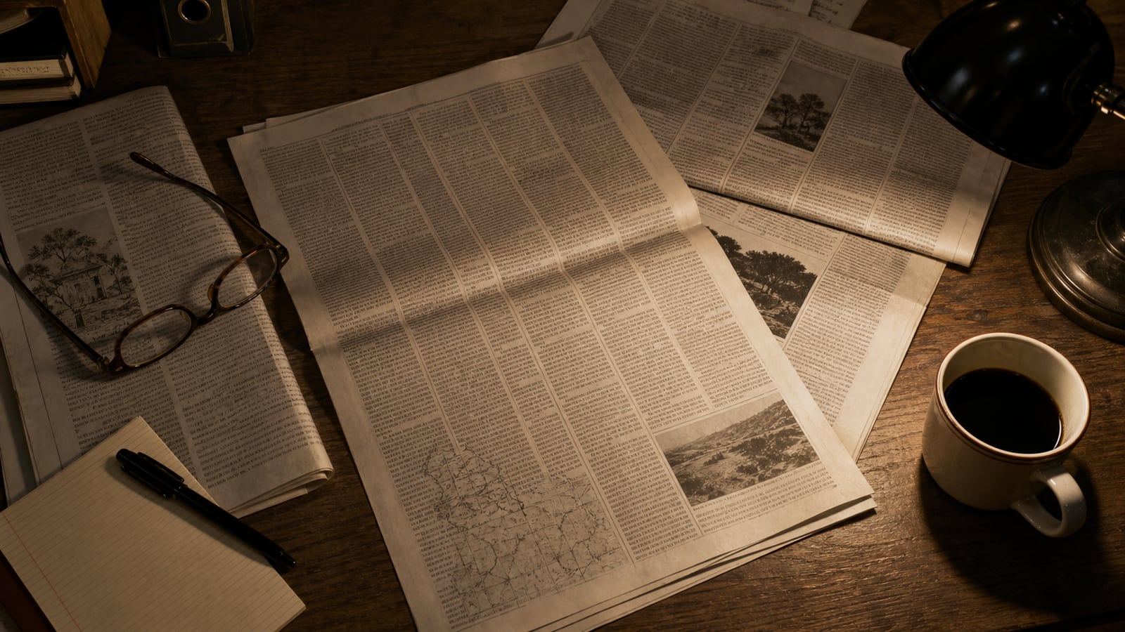 Folded 1995 newspaper supplement on a desk with dense, unreadable columns of text