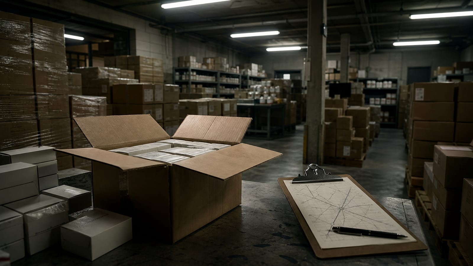 Dim warehouse with generic medicine shipping boxes and an opened carton