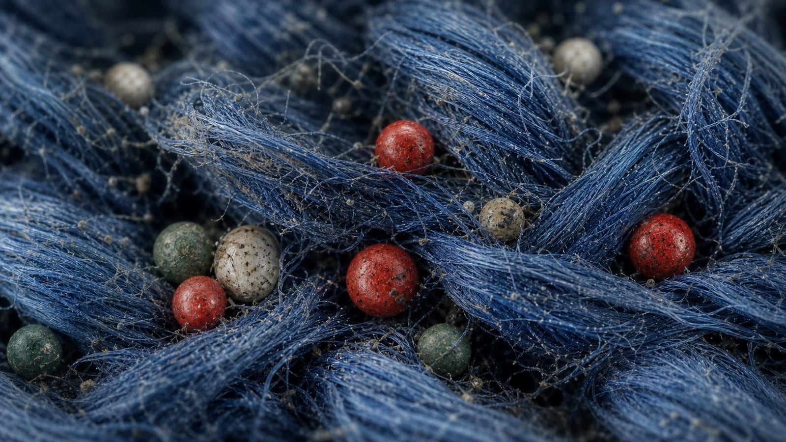 Microscopic industrial paint spheres caught in blue fabric fibers