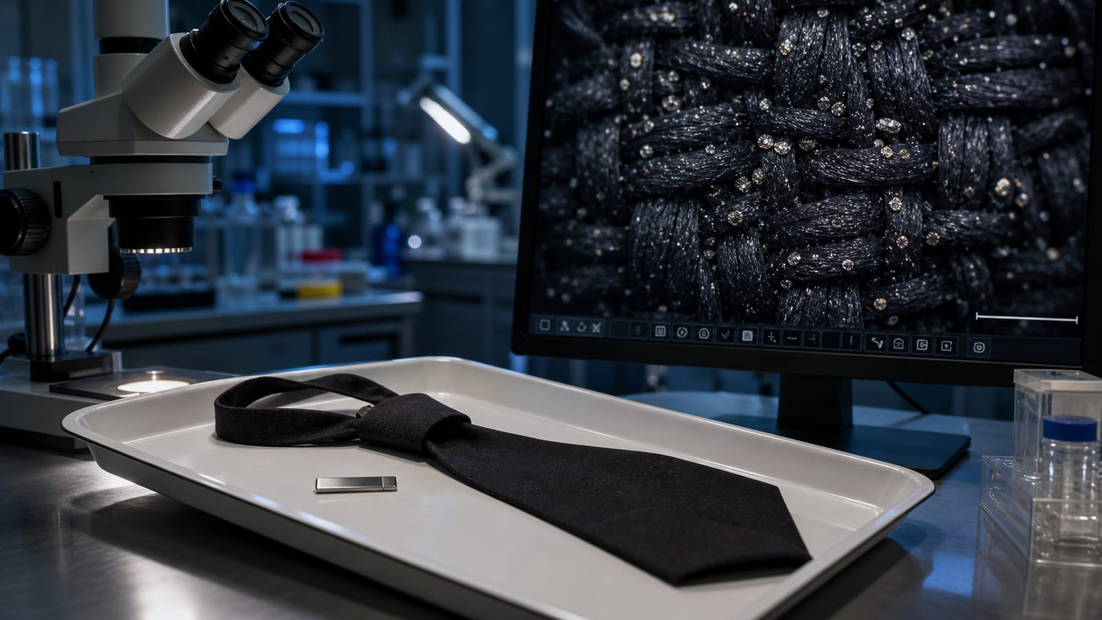 Black clip-on tie examined beside a microscope and magnified fabric fibers