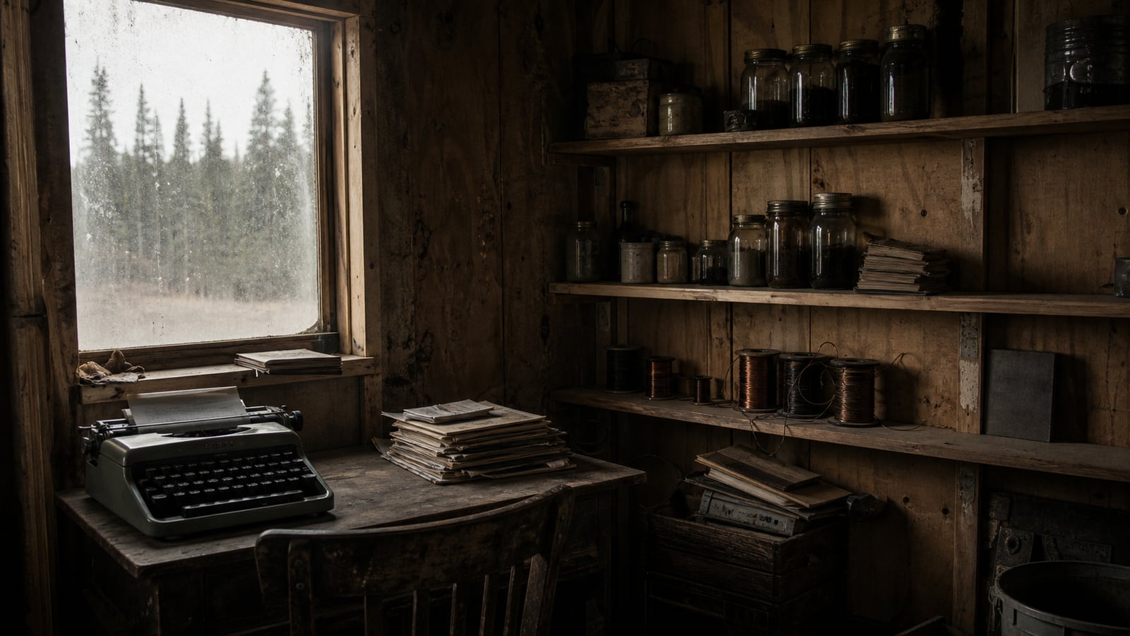 Tiny wooden cabin interior with shelves of jars, notebooks, wire, and a manual typewriter