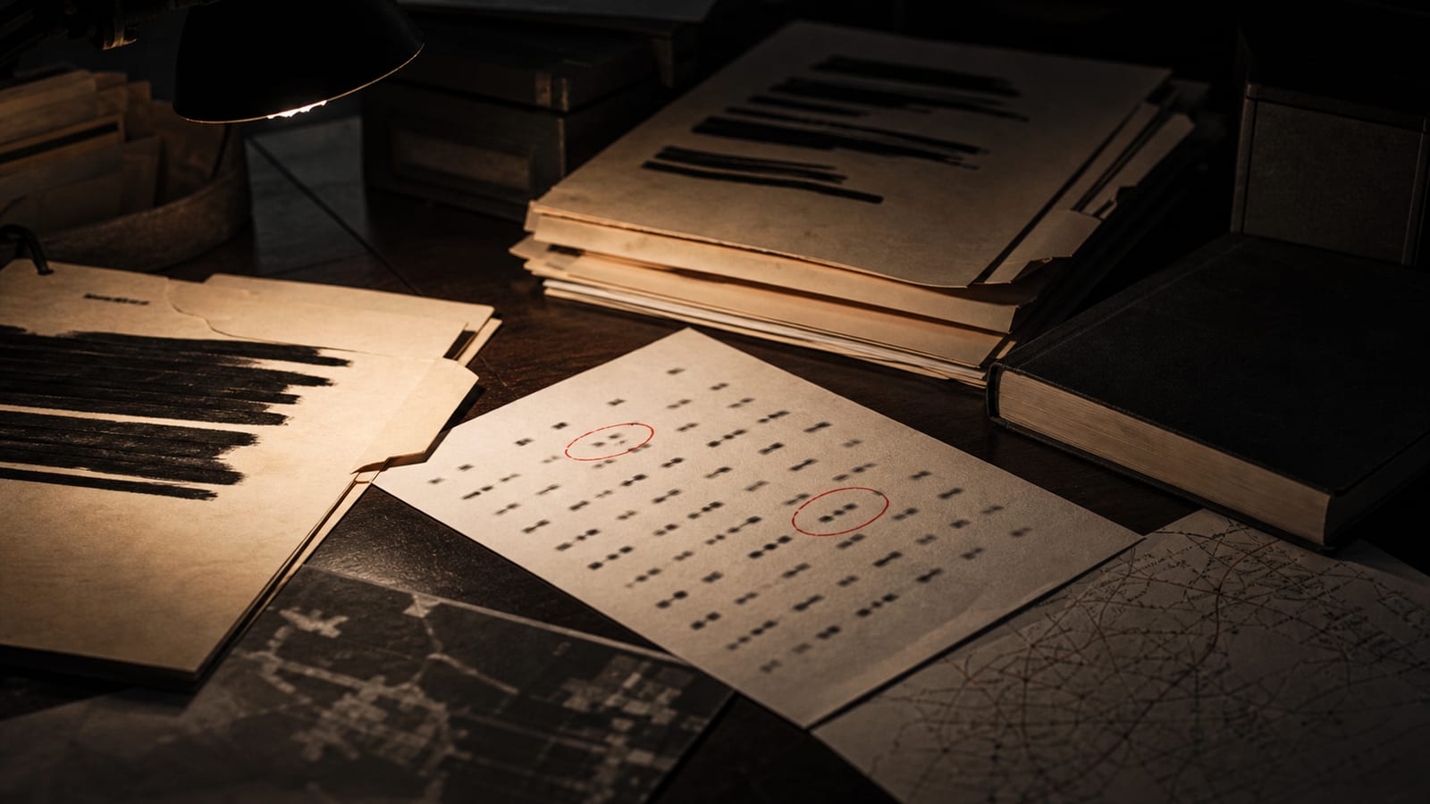 Dark desk with redacted case files, a code book, and circled letters