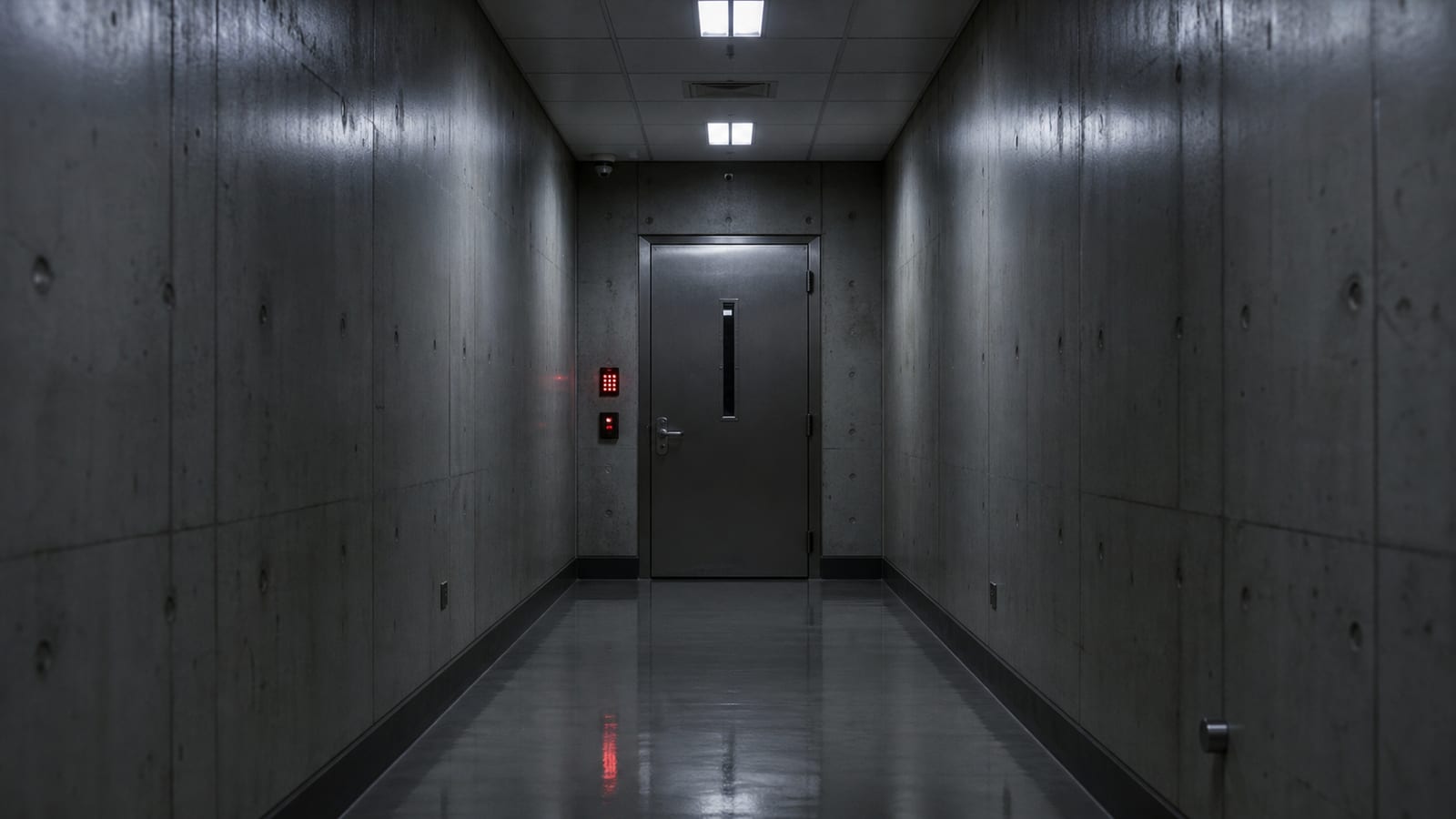 Empty steel biocontainment door at the end of a fluorescent laboratory hallway