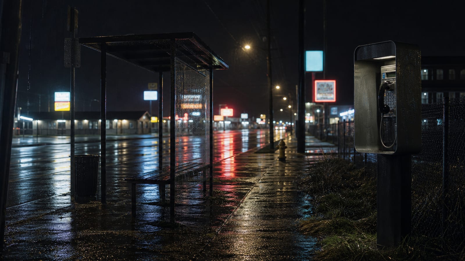 Rain-slicked Sea-Tac Strip roadway with an empty bus stop and payphone