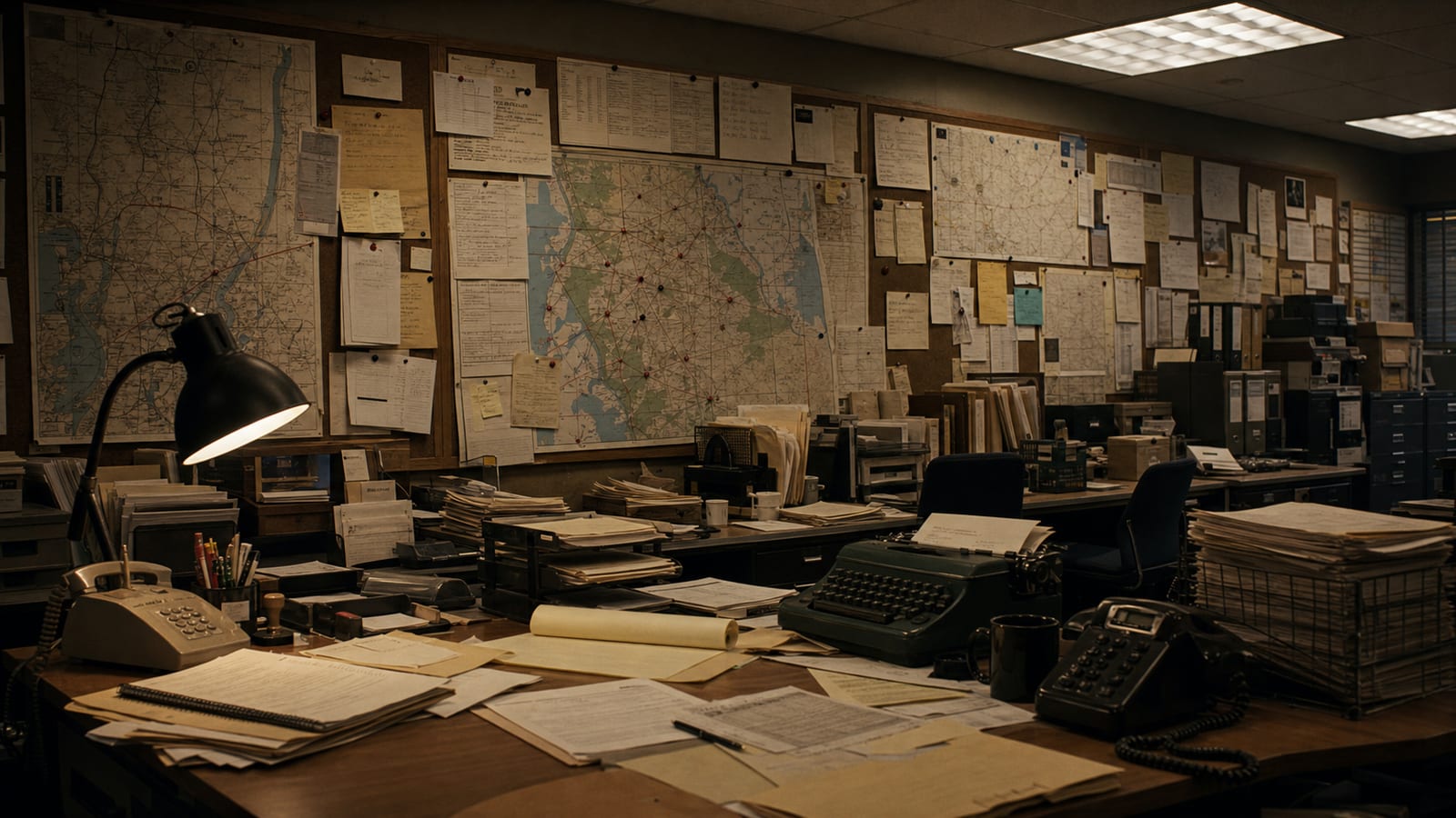 1980s task force office filled with maps, tip sheets, and anonymous case files