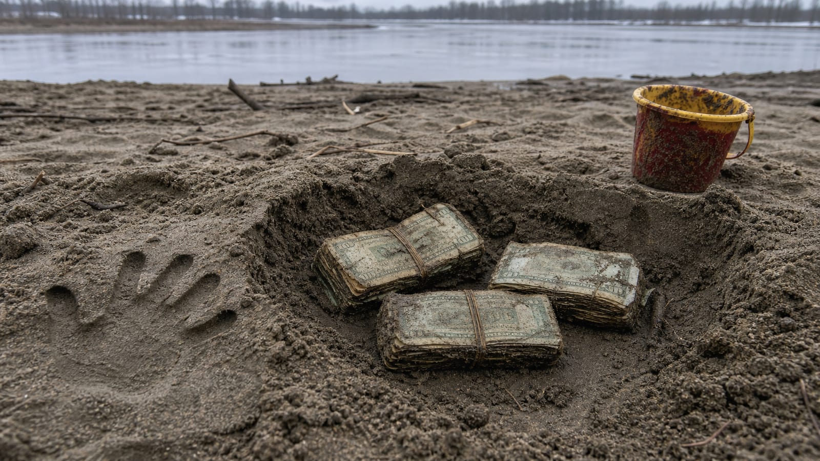 Three deteriorated ransom-money bundles exposed in a shallow sandbar hole