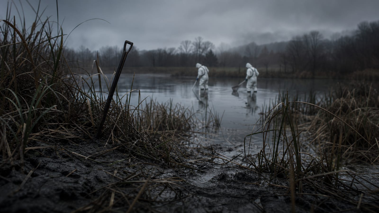 Rural pond search with hazmat-suited figures blurred in the distance