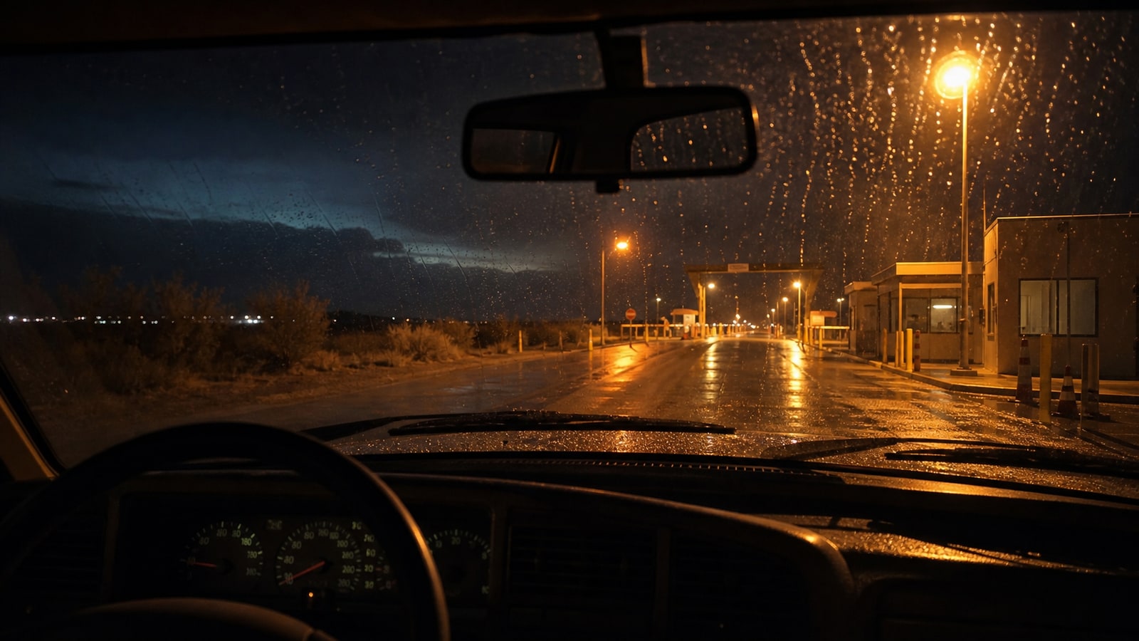 Night view through a rain-streaked windshield toward a desert checkpoint, representing Robert Eugene Brashers' border stop after the Austin murders.