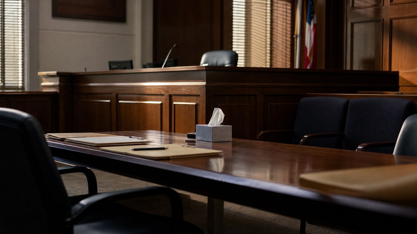 Empty courtroom after a hearing, representing the 2026 innocence ruling in the Austin Yogurt Shop Murders case.
