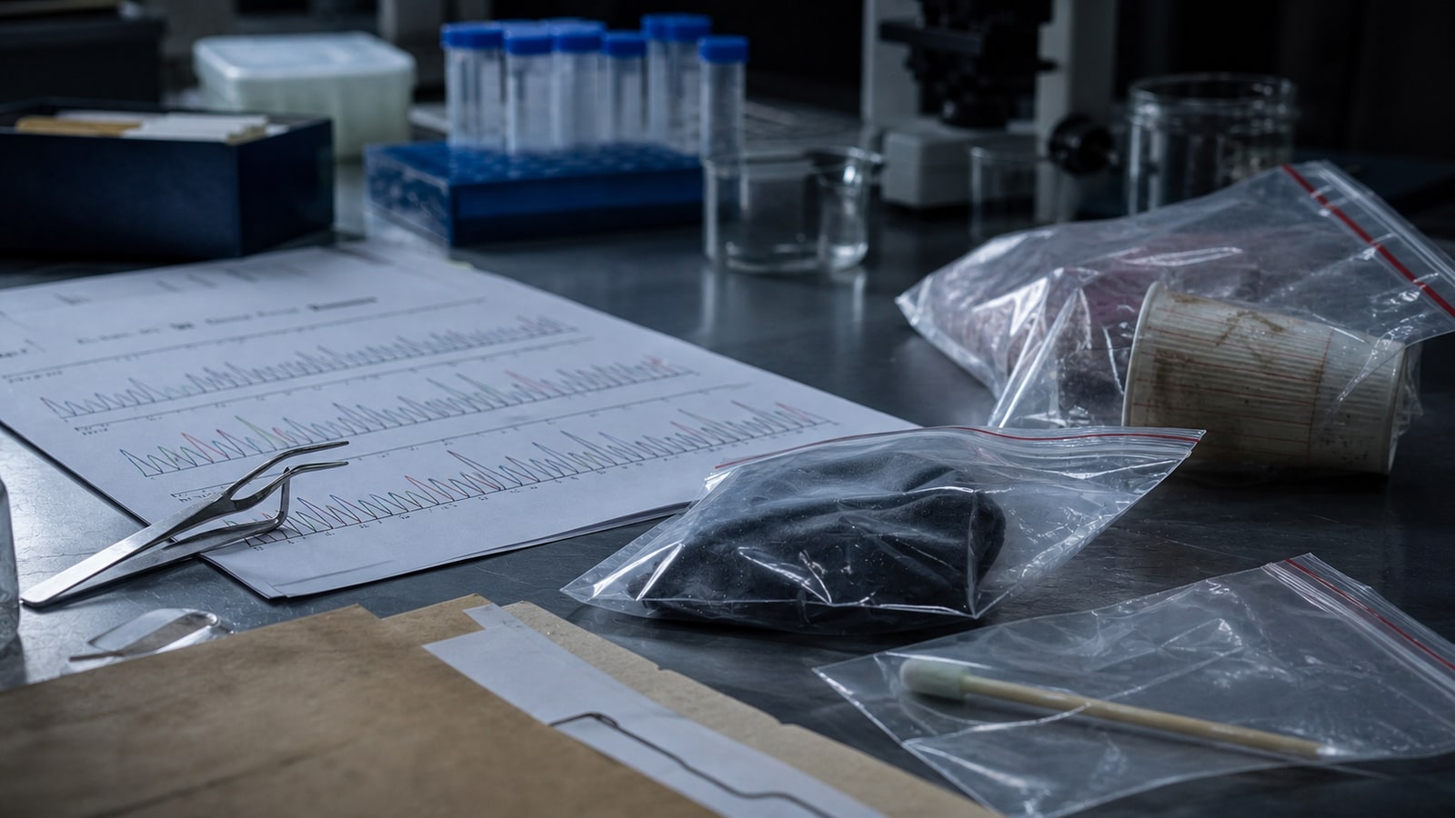 Forensic lab tabletop with evidence sleeves and DNA paperwork, representing the later testing in the Austin Yogurt Shop Murders case.