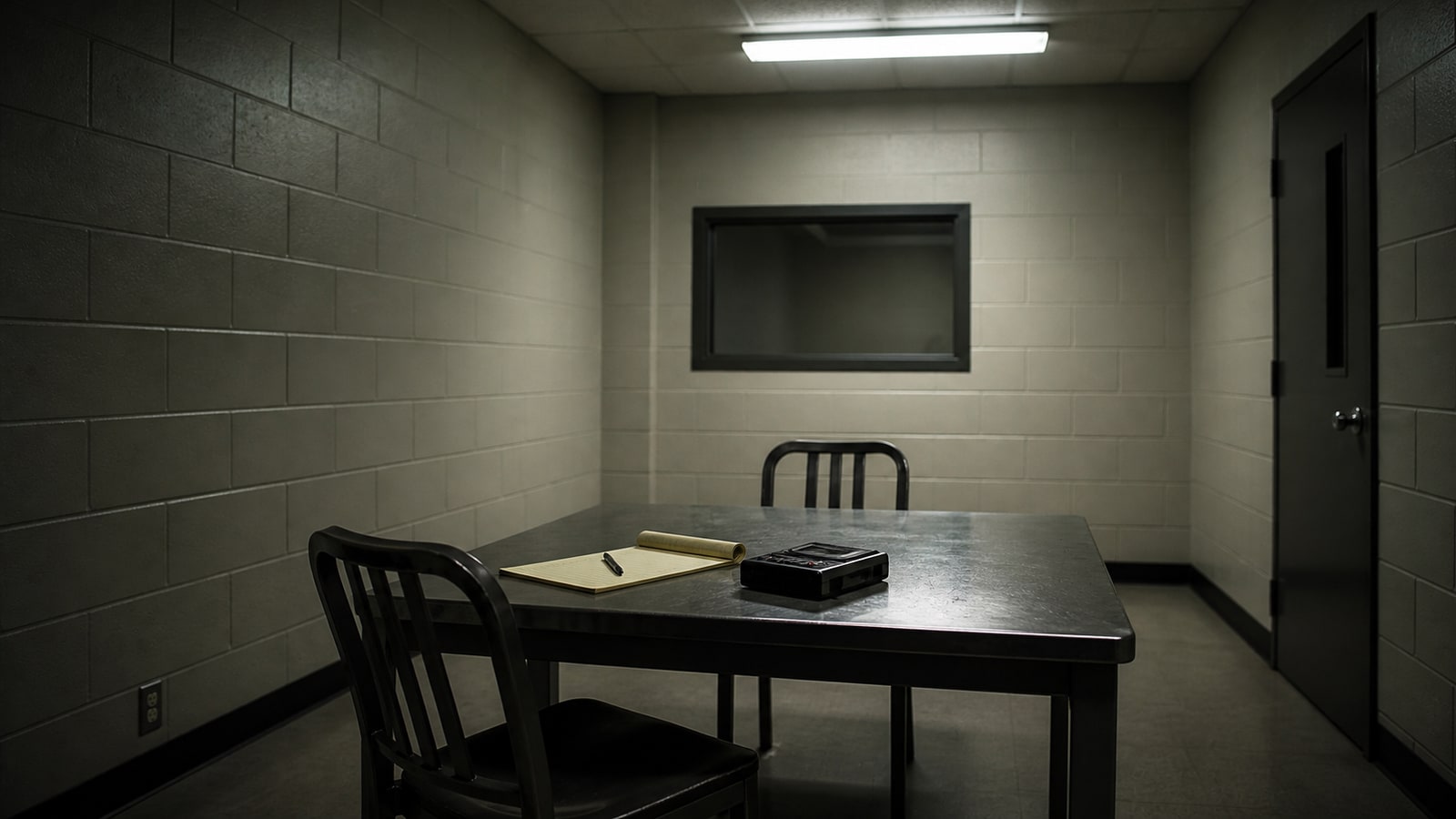 Empty late-1990s interrogation room with a metal table and recorder, representing the wrongful-conviction chapter of the case.