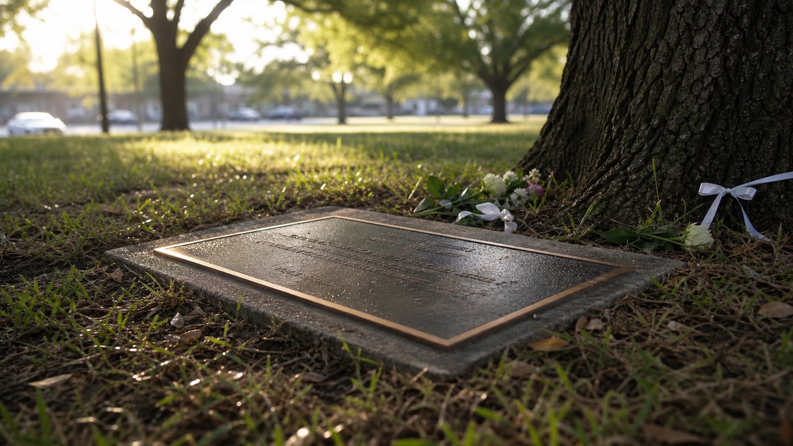 Bronze memorial plaque beneath an oak tree, representing the West Anderson Lane memorial for Jennifer Harbison, Sarah Harbison, Eliza Thomas, and Amy Ayers.