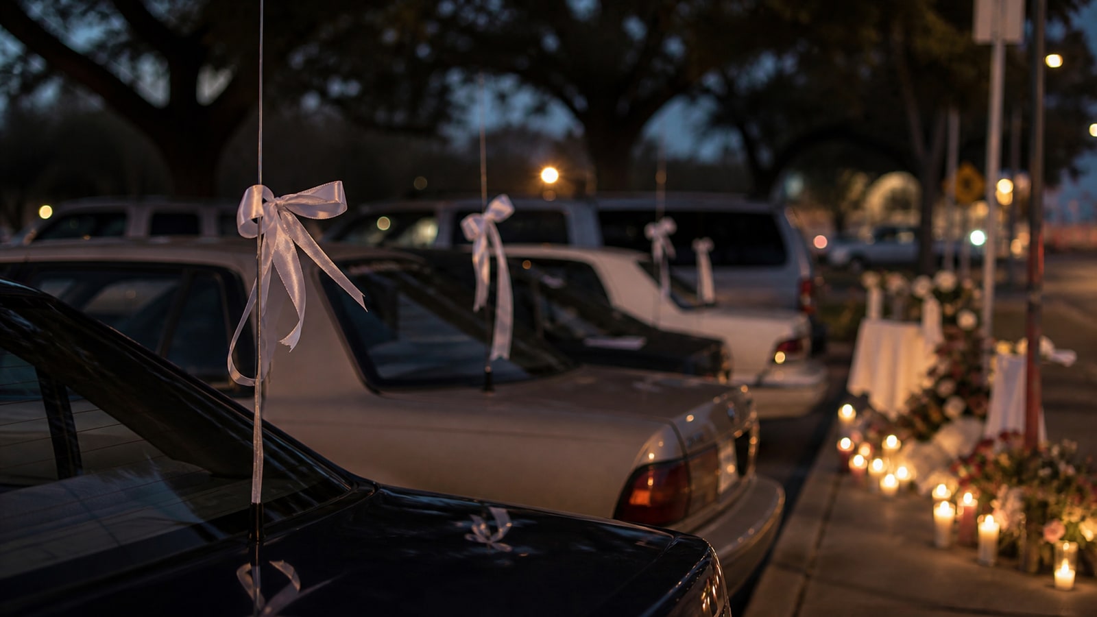 White ribbons tied to car antennas after a community vigil, representing Austin's public grief after the yogurt shop murders.