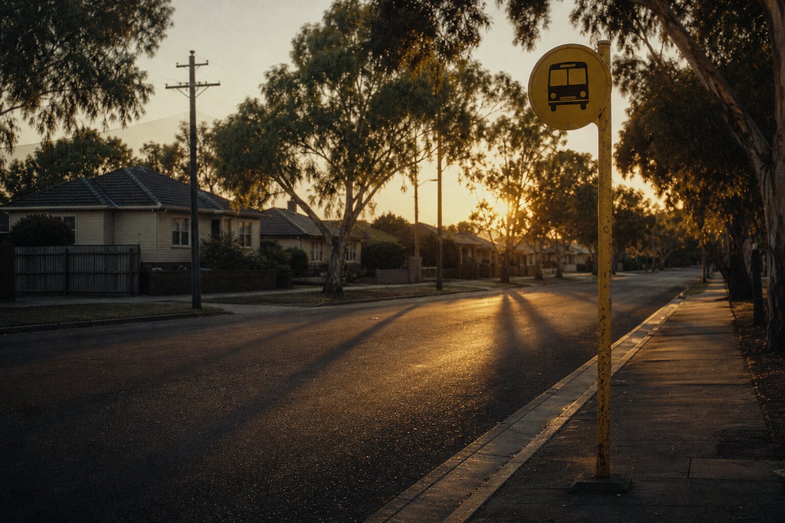 A quiet 1960s Australian bus stop at dusk evokes the Beaumont children not returning home from Glenelg.