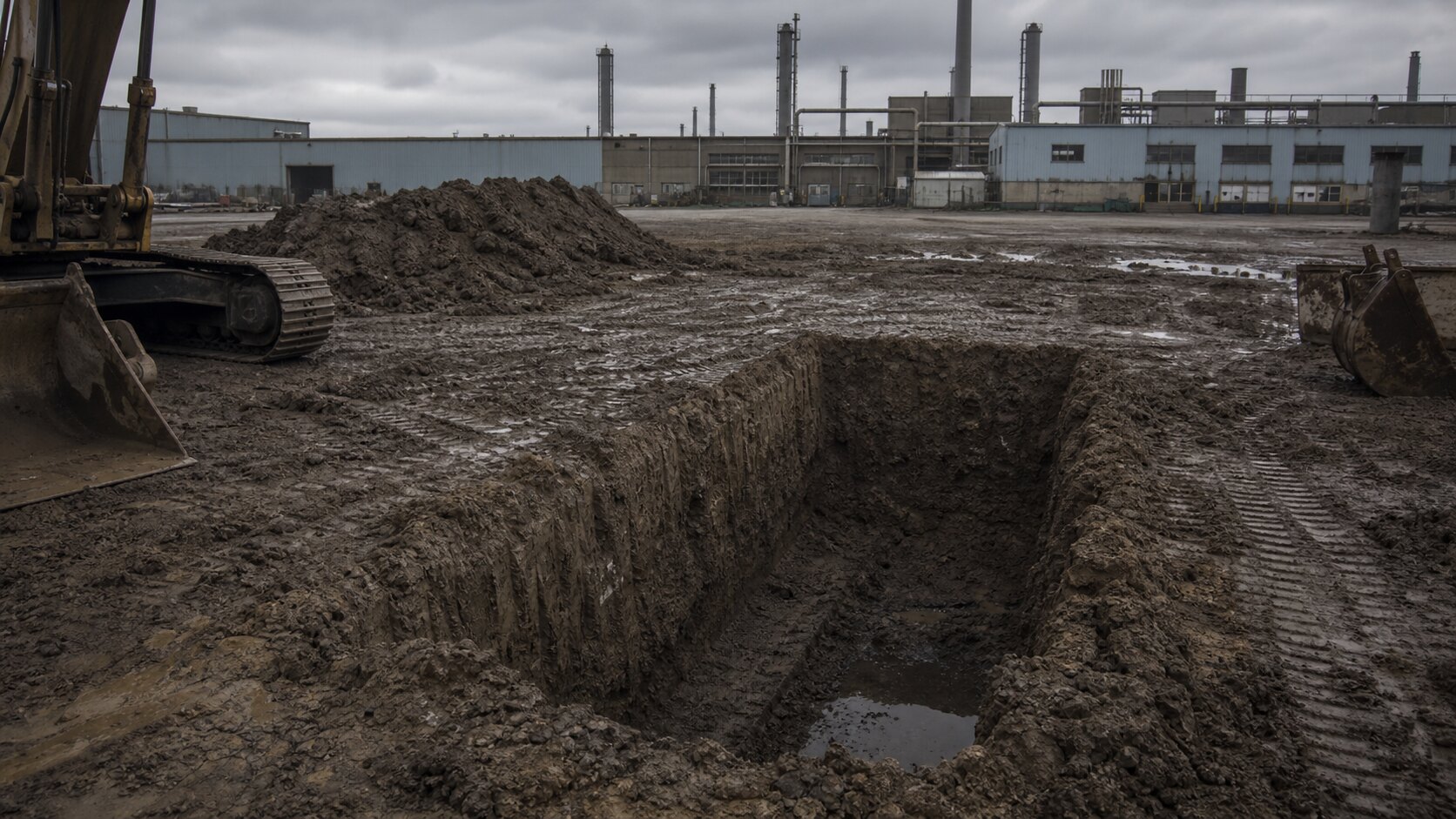 An empty muddy industrial excavation site evokes the Castalloy searches in the Beaumont children case.