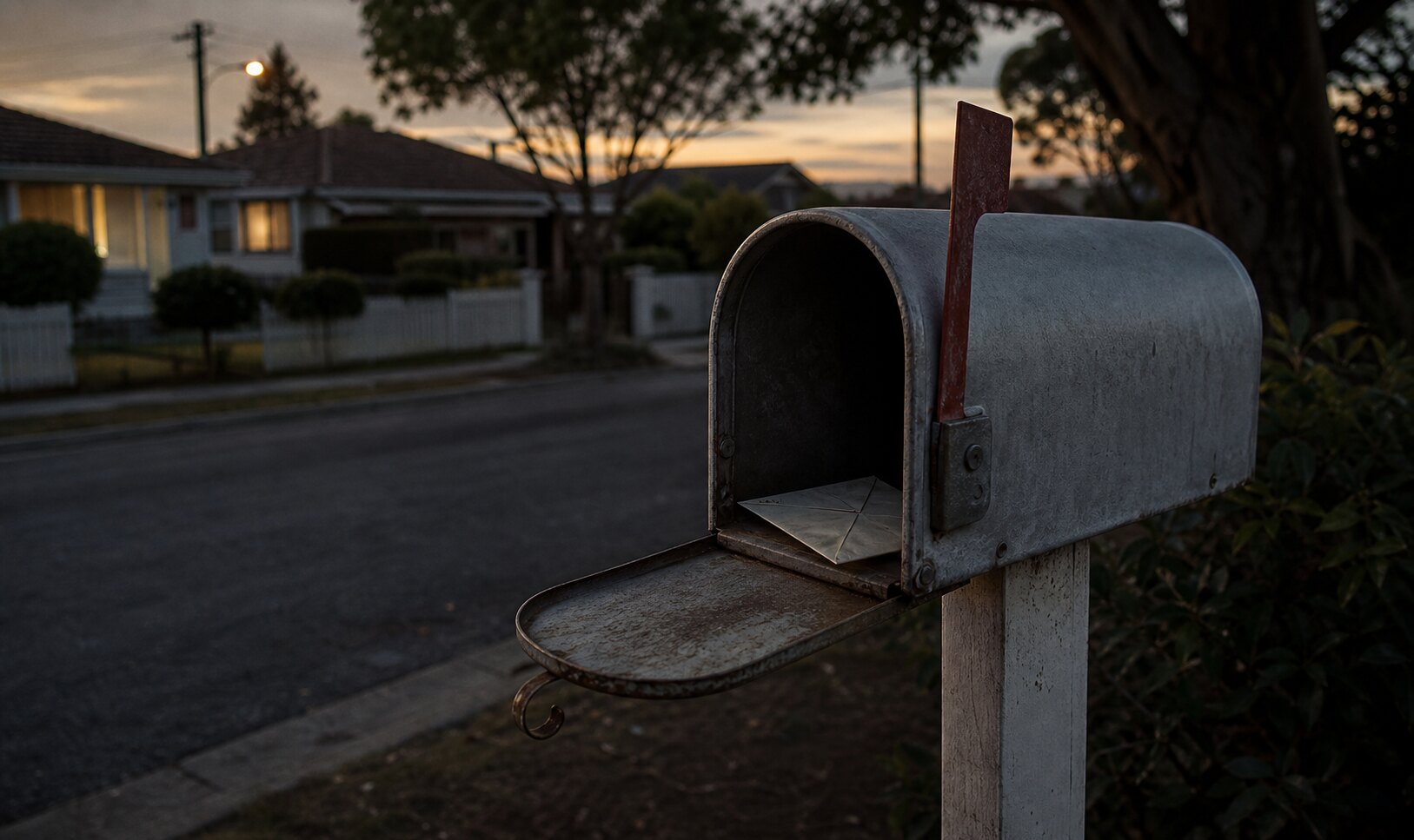 A weathered envelope in a suburban mailbox evokes the cruel hoax letters sent to the Beaumont family.