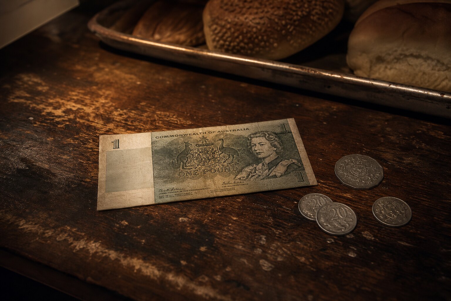 A vintage one-pound note and coins on a bakery counter evoke the unexplained money in the Beaumont children case.
