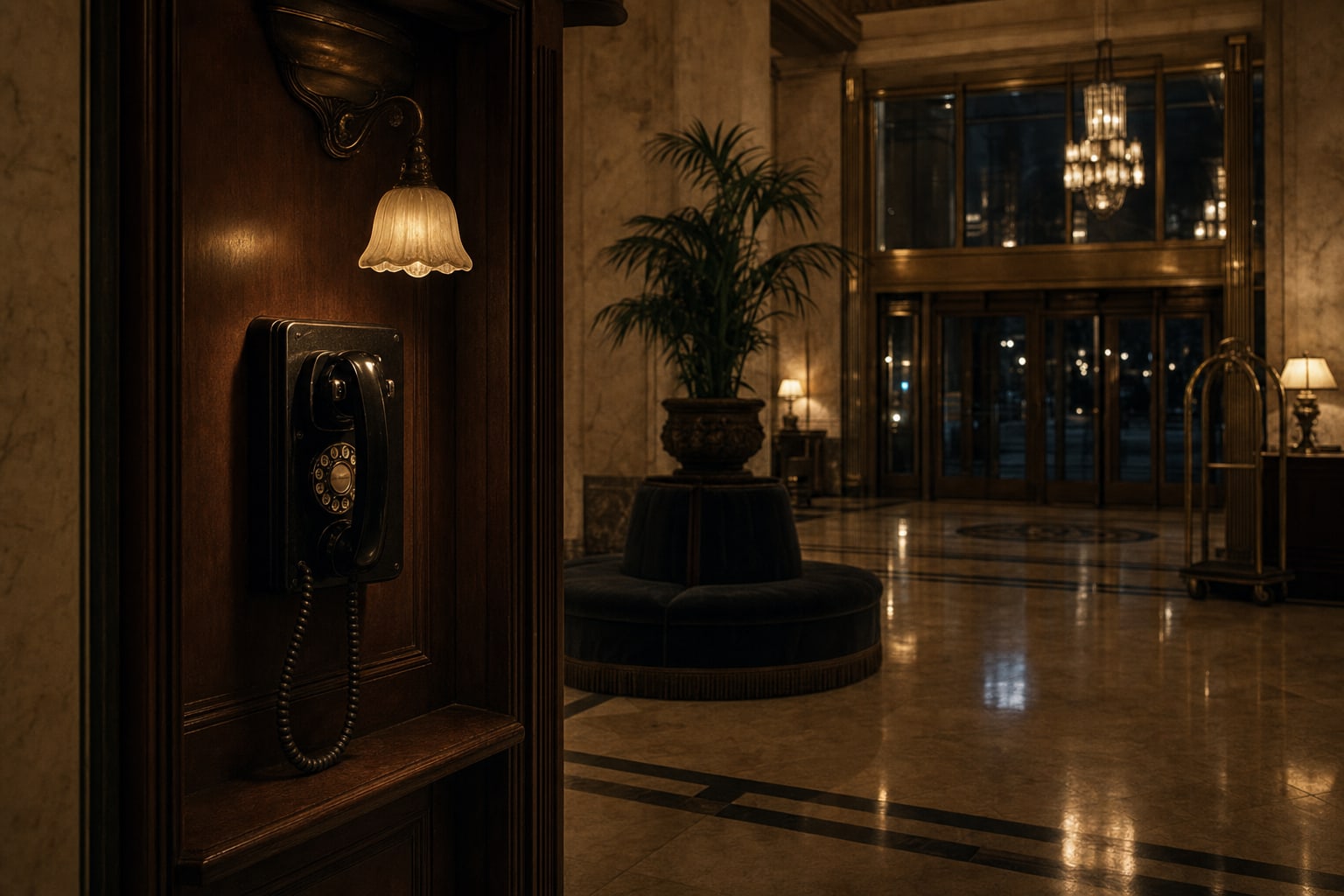 An empty 1940s hotel telephone alcove represents Elizabeth Short's final known hours near the Biltmore Hotel.